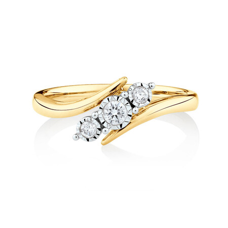 Three Stone Engagement Ring with 0.15 Carat TW of Diamonds in 10ct Yellow & White Gold Three Stone Engagement Ring with 0.15 Carat TW of Diamonds in 10ct Yellow & White Gold