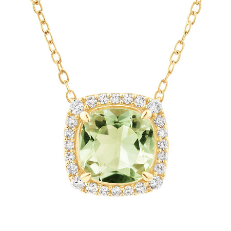 Halo Necklace with Green Amethyst & 0.15 Carat TW of Diamonds in 10kt Yellow Gold Halo Necklace with Green Amethyst & 0.15 Carat TW of Diamonds in 10kt Yellow Gold
