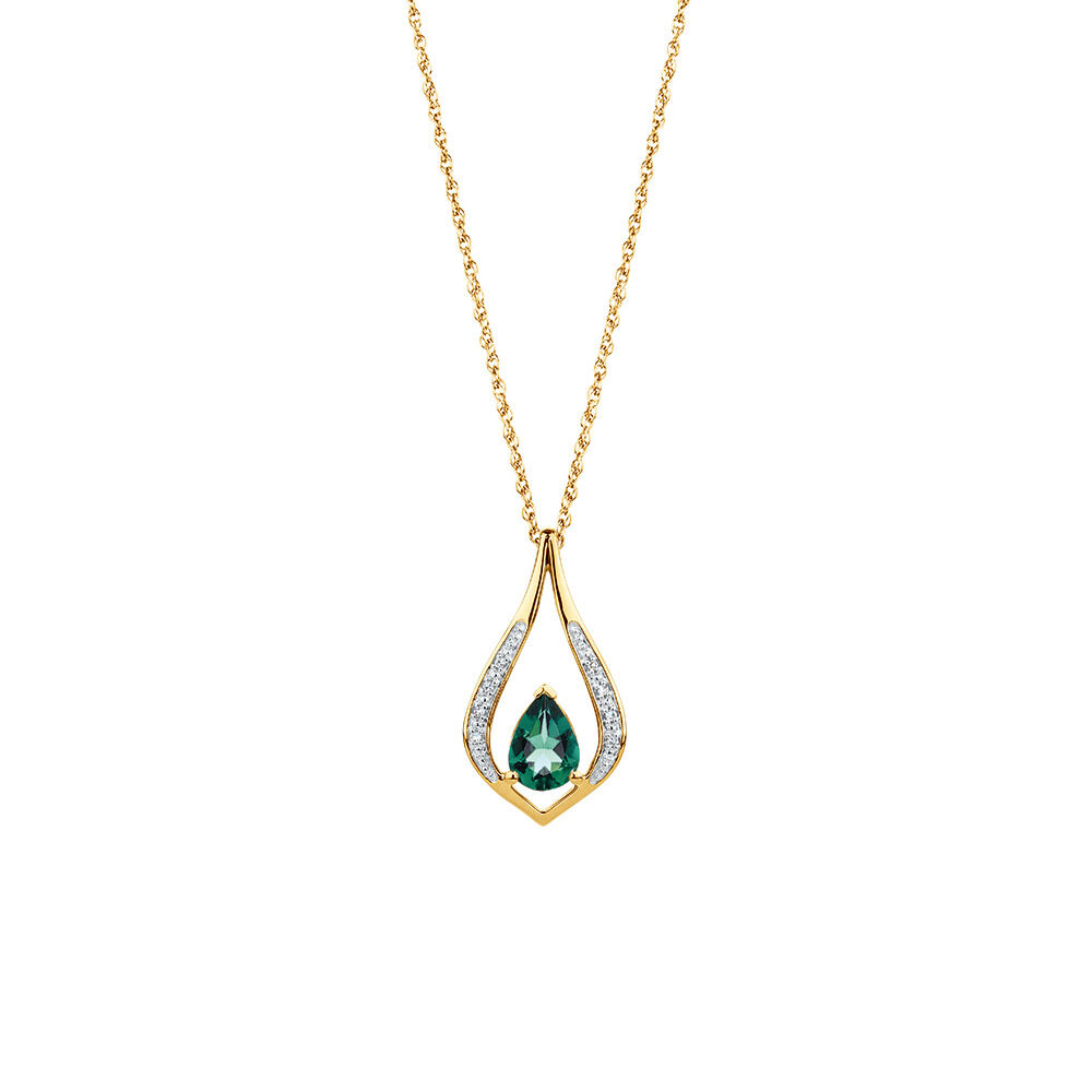Created Emerald & Diamond Pendant in 10ct Yellow Gold
