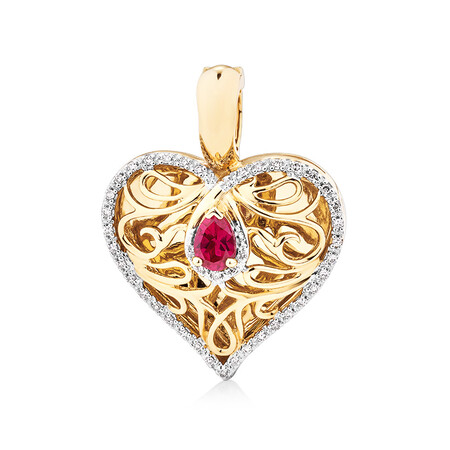Heart Pendant with Created Ruby and 0.15 Carat TW of Diamonds in 10ct Yellow Gold Heart Pendant with Created Ruby and 0.15 Carat TW of Diamonds in 10ct Yellow Gold