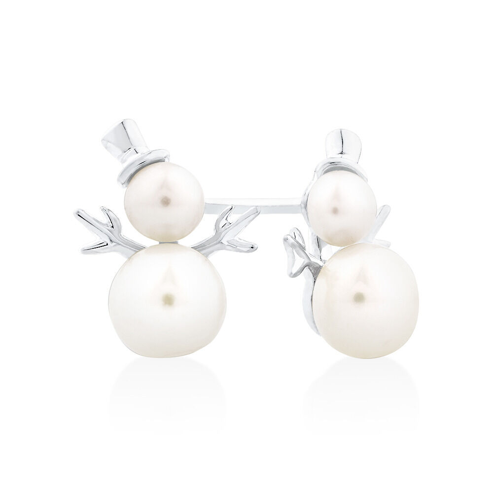 Snowman Stud Earrings with Cultured Freshwater Pearls Cubic Zirconia in Sterling Silver