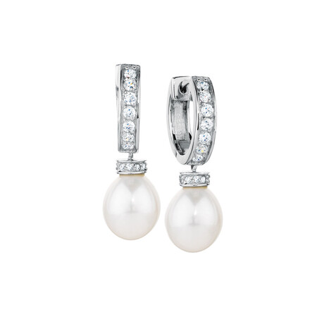 Drop Earrings with Cultured Freshwater Pearl & Cubic Zirconia in Sterling Silver Drop Earrings with Cultured Freshwater Pearl & Cubic Zirconia in Sterling Silver