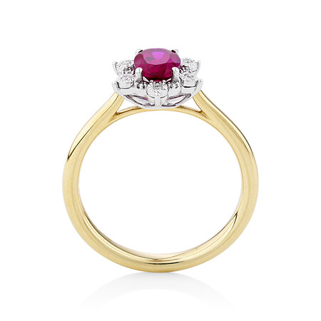Created Ruby Halo Ring With 0.05 Carat of Diamonds in 10ct Yellow & White Gold Created Ruby Halo Ring With 0.05 Carat of Diamonds in 10ct Yellow & White Gold