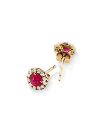 Halo Stud Earrings with Natural Ruby & 0.28 Carat TW of Diamonds in 10kt Yellow Gold Halo Stud Earrings with Natural Ruby & 0.28 Carat TW of Diamonds in 10kt Yellow Gold