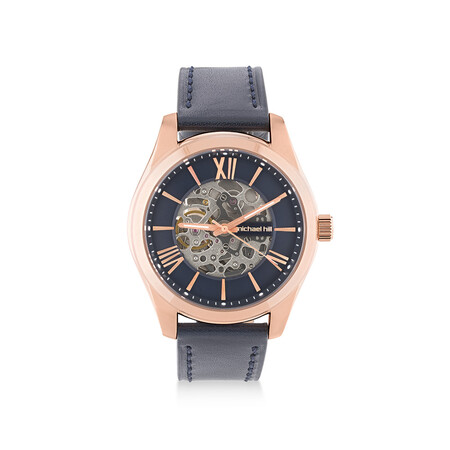 Michael Hill Automatic Skeleton Watch In Rose Tone Stainless Steel And Leather Michael Hill Automatic Skeleton Watch In Rose Tone Stainless Steel And Leather