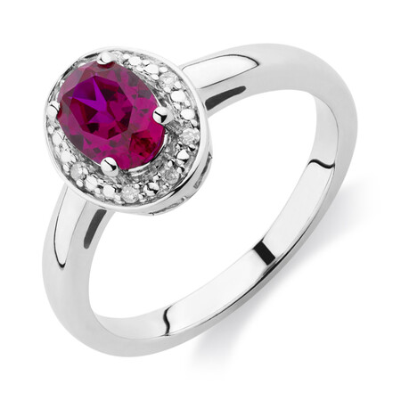 Halo Ring with Created Ruby & Diamonds in Sterling Silver Halo Ring with Created Ruby & Diamonds in Sterling Silver