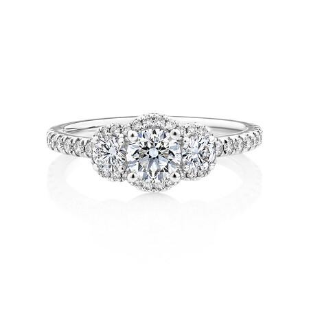 Sir Michael Hill Designer Three Stone Halo Engagement Ring with 1.07 Carat TW of Diamonds in 18ct White Gold Sir Michael Hill Designer Three Stone Halo Engagement Ring with 1.07 Carat TW of Diamonds in 18ct White Gold