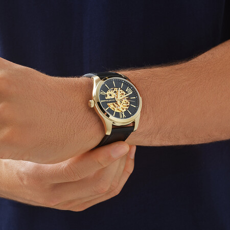 Michael Hill Automatic Skeleton Watch In Gold Tone Stainless Steel And Leather Michael Hill Automatic Skeleton Watch In Gold Tone Stainless Steel And Leather