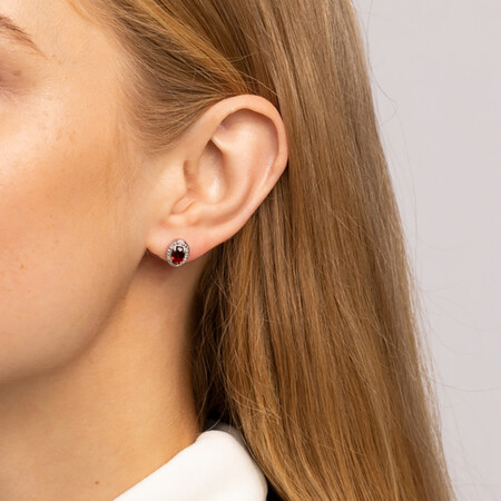 Halo Earrings with Garnet and 0.04 TW of Diamonds in Sterling Silver Halo Earrings with Garnet and 0.04 TW of Diamonds in Sterling Silver