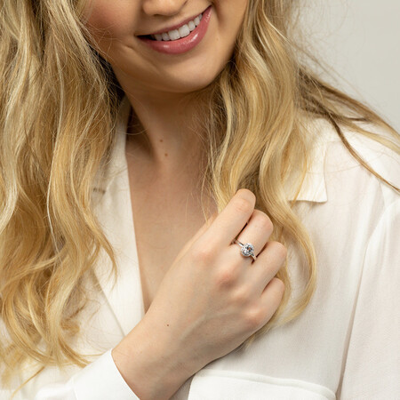 Halo Ring with Aquamarine & Diamonds in Sterling Silver Halo Ring with Aquamarine & Diamonds in Sterling Silver