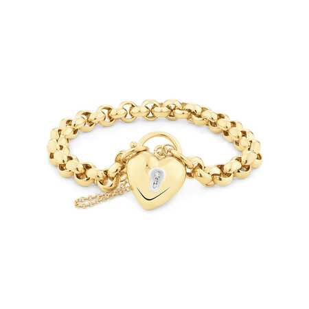19cm (7.5") 7mm-7.5mm Width Diamond Set Heart Padlock Belcher Bracelet in 10kt Yellow Gold 19cm (7.5") 7mm-7.5mm Width Diamond Set Heart Padlock Belcher Bracelet in 10kt Yellow Gold