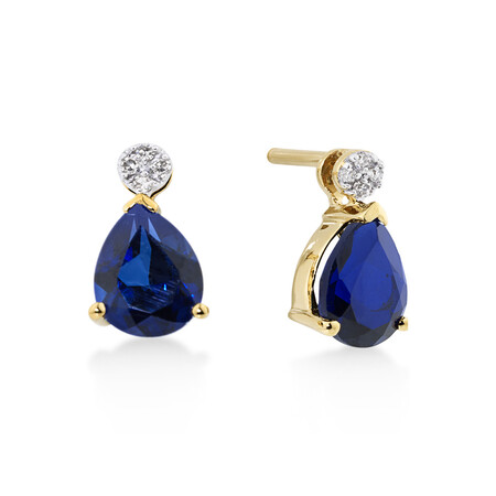 Pear Stud Earrings With Diamonds And Created Sapphire In 10ct Yellow Gold Pear Stud Earrings With Diamonds And Created Sapphire In 10ct Yellow Gold
