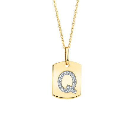 "Q" Initial Rectangular Pendant With Diamonds In 10ct Yellow Gold "Q" Initial Rectangular Pendant With Diamonds In 10ct Yellow Gold