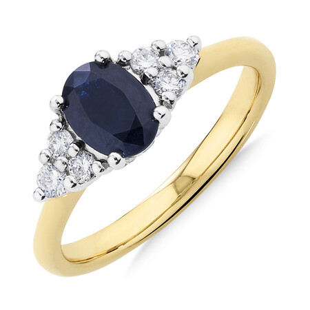 Ring With Diamonds And Blue Sapphire In 10ct Yellow And White Gold Ring With Diamonds And Blue Sapphire In 10ct Yellow And White Gold