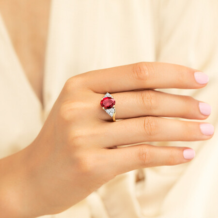 Ring with Created Ruby and Diamonds in 10ct Yellow Gold Ring with Created Ruby and Diamonds in 10ct Yellow Gold