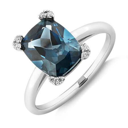 Ring with London Blue Topaz & Diamonds In 10kt White Gold