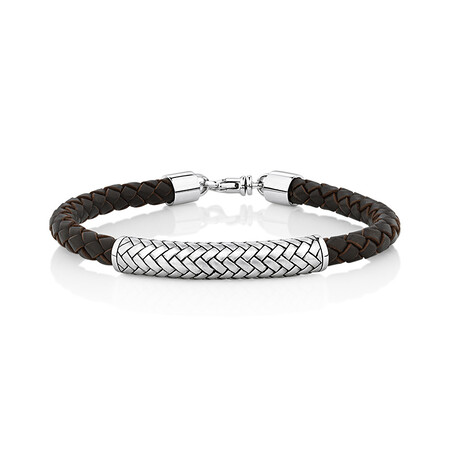 Men's Weave Pattern Bracelet In Brown Leather & Sterling Silver Men's Weave Pattern Bracelet In Brown Leather & Sterling Silver