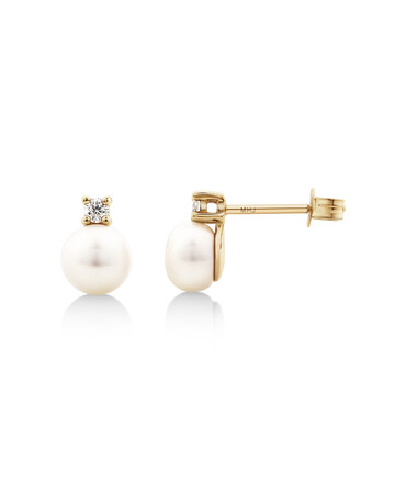 Drop Earrings with Cultured Freshwater Pearl & Diamond in 10kt Yellow Gold Drop Earrings with Cultured Freshwater Pearl & Diamond in 10kt Yellow Gold