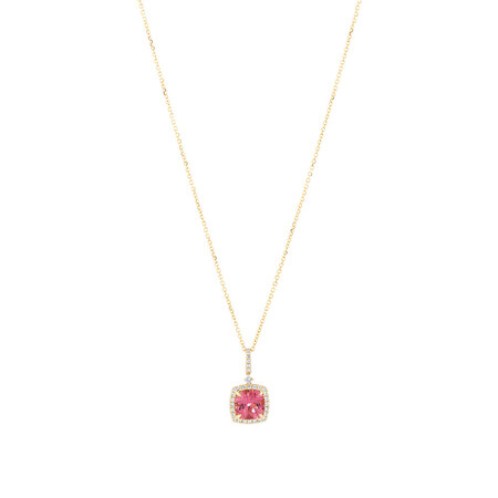 Halo Pendant with Pink Tourmaline & 0.22 Carat TW of Diamonds in 14kt Yellow Gold