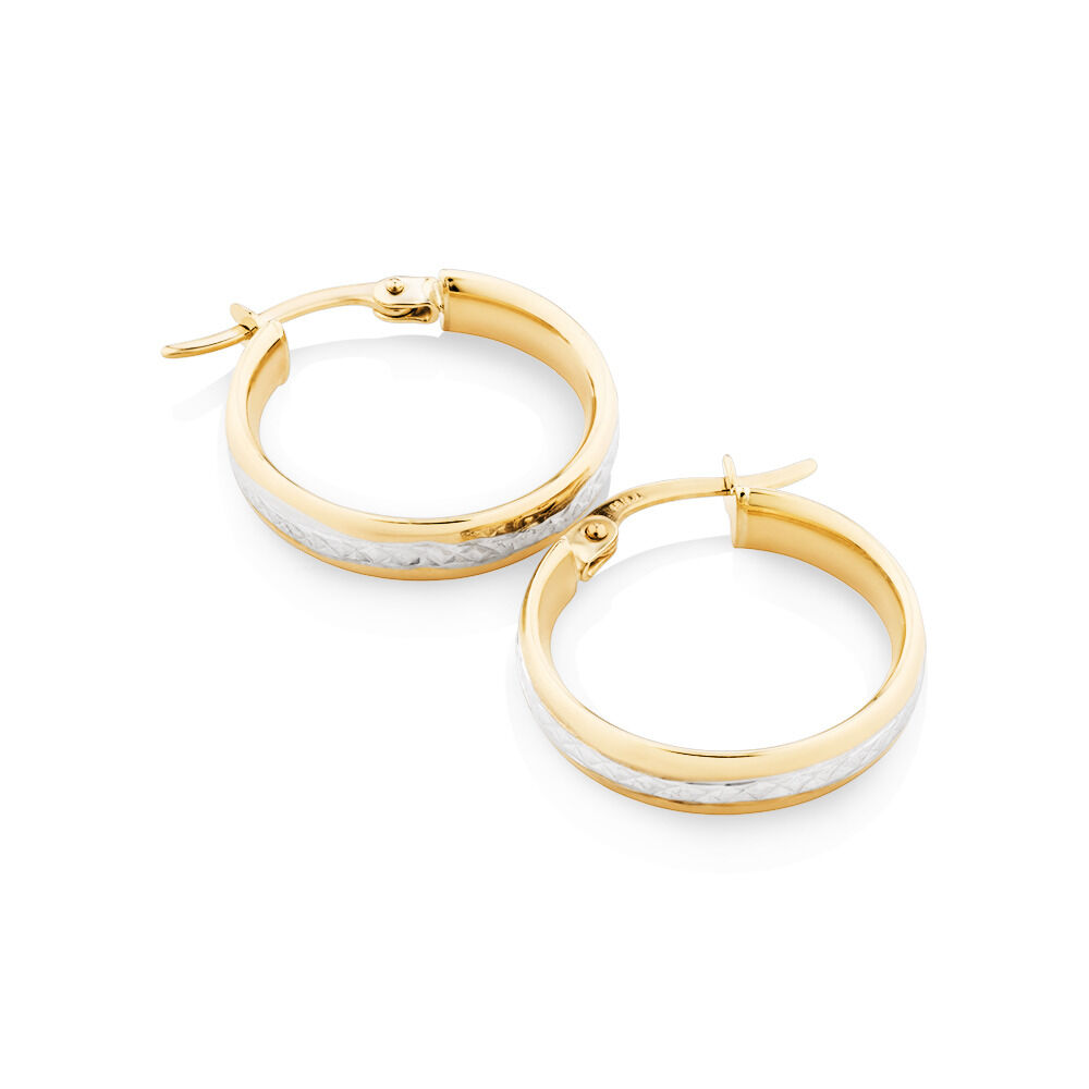 14K Real Gold Two Tone Diamond Cut Hoop Earrings diameter 15mm 