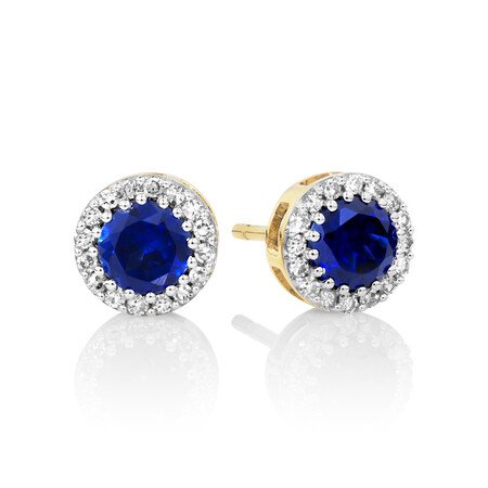 Stud Earrings with Created Sapphire & 0.18 Carat TW of Diamonds in 10ct Yellow Gold Stud Earrings with Created Sapphire & 0.18 Carat TW of Diamonds in 10ct Yellow Gold