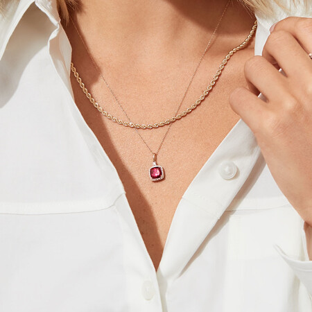 Pendant with Created Ruby & Diamonds In 10ct Yellow & White Gold Pendant with Created Ruby & Diamonds In 10ct Yellow & White Gold