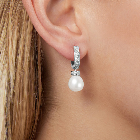 Drop Earrings with Cultured Freshwater Pearl & Cubic Zirconia in Sterling Silver Drop Earrings with Cultured Freshwater Pearl & Cubic Zirconia in Sterling Silver
