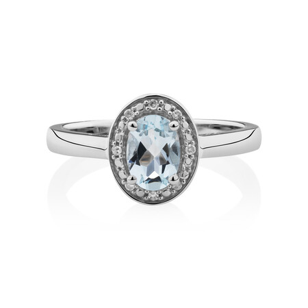 Halo Ring with Aquamarine & Diamonds in Sterling Silver Halo Ring with Aquamarine & Diamonds in Sterling Silver