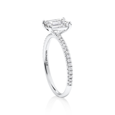 Engagement Ring with 1.14 Carat TW of Diamonds. A 1 Carat Emerald Cut Centre Laboratory-Created Diamond and shouldered by 0.14 Carat TW of Natural Diamonds in 14kt White Gold Engagement Ring with 1.14 Carat TW of Diamonds. A 1 Carat Emerald Cut Centre Laboratory-Created Diamond and shouldered by 0.14 Carat TW of Natural Diamonds in 14kt White Gold