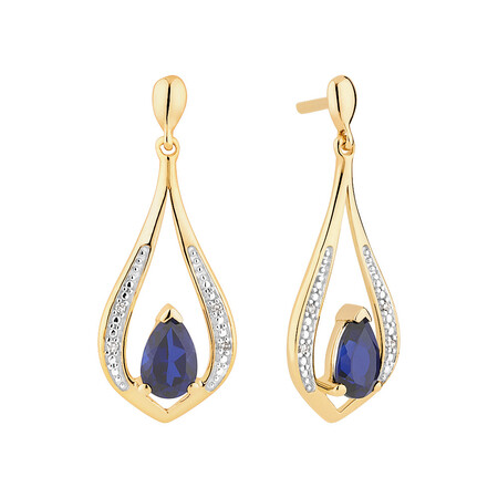 Stud Earrings with Created Sapphire & Diamonds in 10kt Yellow Gold