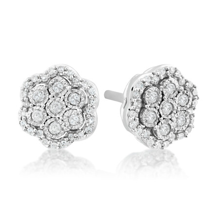 Cluster Flower Studs With 0.15 Carat TW Of Diamonds In Sterling Silver Cluster Flower Studs With 0.15 Carat TW Of Diamonds In Sterling Silver