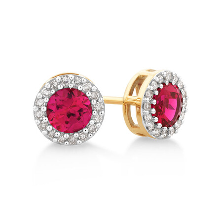 Halo Earrings with Created Ruby and 0.18 Carat TW of Diamonds in 10ct Yellow gold Halo Earrings with Created Ruby and 0.18 Carat TW of Diamonds in 10ct Yellow gold