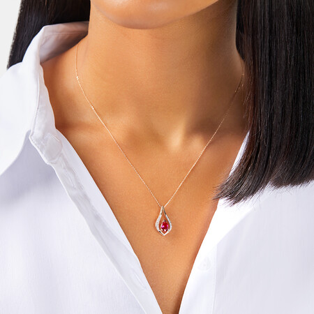 Pear Drop Pendant with Laboratory Created Ruby & Natural Diamonds in 10kt Yellow Gold Pear Drop Pendant with Laboratory Created Ruby & Natural Diamonds in 10kt Yellow Gold