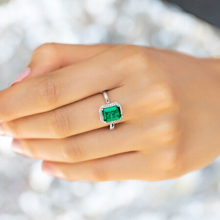 Ring with Created Emerald & Diamonds in 10ct White Gold Ring with Created Emerald & Diamonds in 10ct White Gold