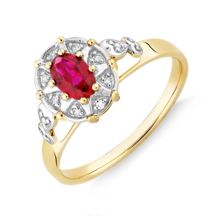 Ring with Laboratory Created Ruby & Natural Diamonds in 10kt Yellow Gold Ring with Laboratory Created Ruby & Natural Diamonds in 10kt Yellow Gold
