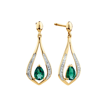 Drop Earrings with Created Emerald & Diamonds in 10ct Yellow Gold Drop Earrings with Created Emerald & Diamonds in 10ct Yellow Gold
