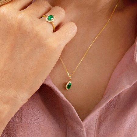 Halo Pendant with Laboratory Created Emerald & Natural Diamonds in 10kt Yellow Gold Halo Pendant with Laboratory Created Emerald & Natural Diamonds in 10kt Yellow Gold