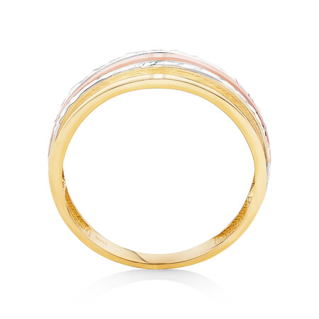 Patterned Tri-Tone Ring in 10kt Yellow, White & Rose Gold Patterned Tri-Tone Ring in 10kt Yellow, White & Rose Gold