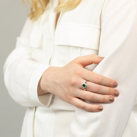 Halo Ring with Created Emerald & Diamonds in Sterling Silver Halo Ring with Created Emerald & Diamonds in Sterling Silver