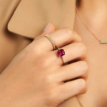 Ring with Cushion Cut Created Ruby & Diamonds in 10kt Yellow Gold Ring with Cushion Cut Created Ruby & Diamonds in 10kt Yellow Gold