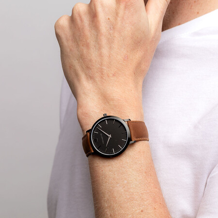 Men's Watch in Black PVD Plated Stainless Steel & Brown Leather Men's Watch in Black PVD Plated Stainless Steel & Brown Leather