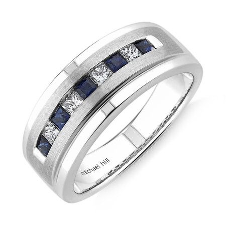 Men's Ring with Sapphire & 0.30 Carat TW of Diamonds in 10kt White Gold Men's Ring with Sapphire & 0.30 Carat TW of Diamonds in 10kt White Gold