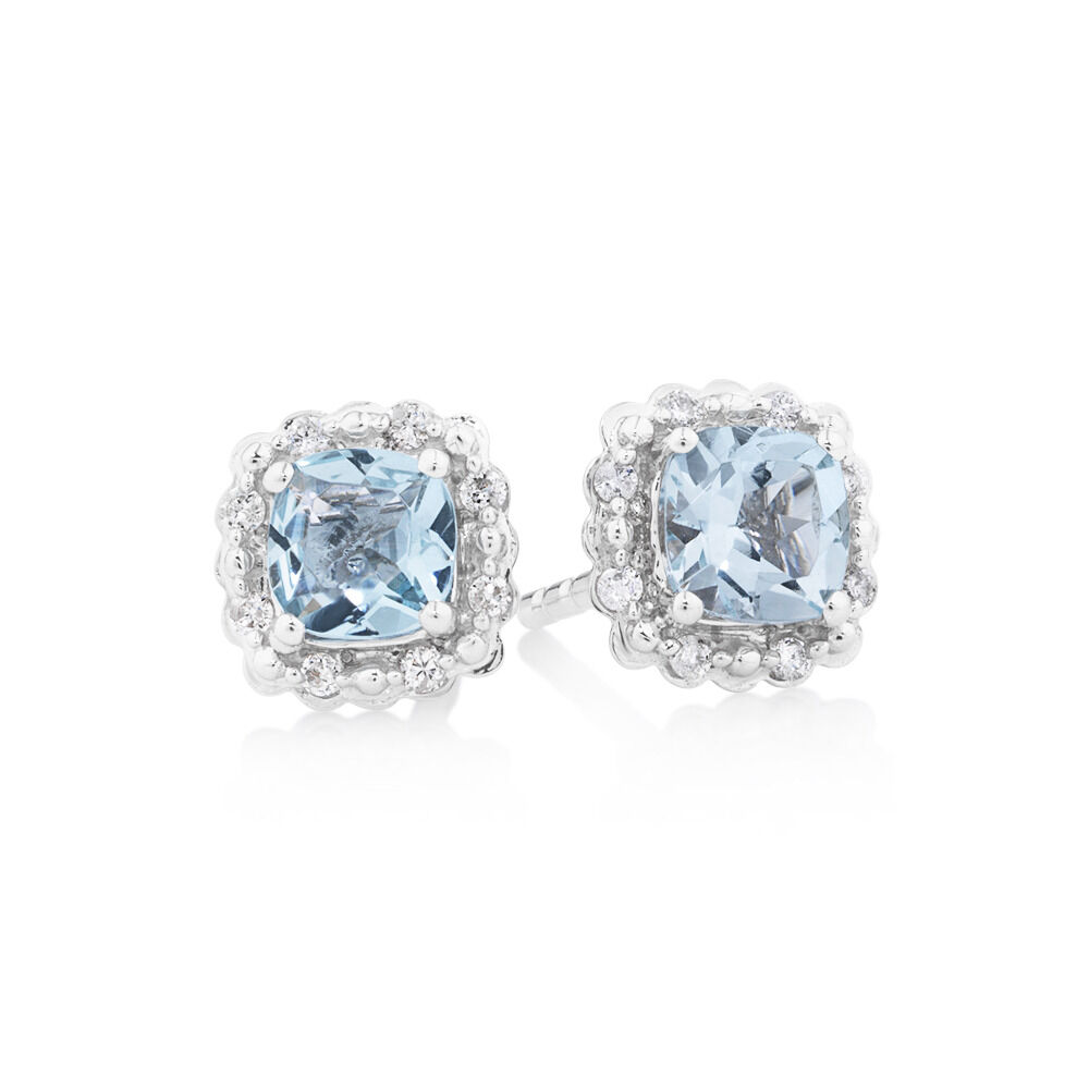 Earrings With Aquamarine & Diamonds In 10ct White Gold