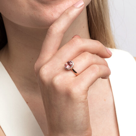 Ring With Created Peach Sapphire & Diamonds In 10ct Rose Gold Ring With Created Peach Sapphire & Diamonds In 10ct Rose Gold