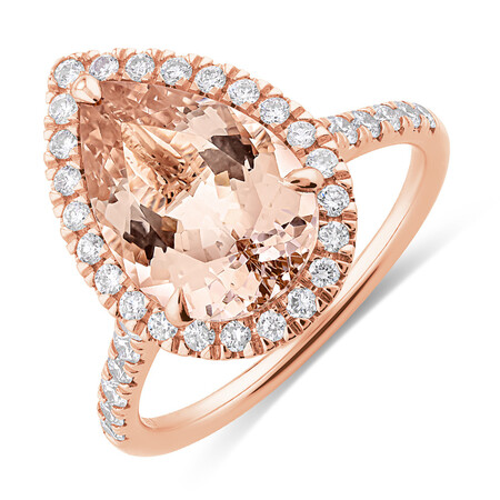 Pear Halo Ring with Morganite & .62 Carat TW of Diamonds in 14kt Rose Gold Pear Halo Ring with Morganite & .62 Carat TW of Diamonds in 14kt Rose Gold