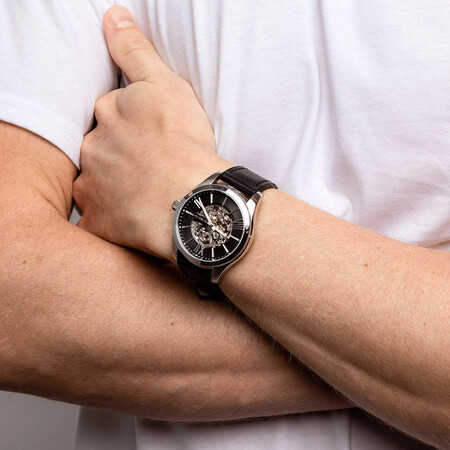 Michael Hill Automatic Skeleton Watch In Stainless Steel And Leather Michael Hill Automatic Skeleton Watch In Stainless Steel And Leather