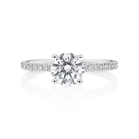 Engagement Ring with 1.14 Carat TW of Diamonds. A 1 Carat Round Brilliant Centre Laboratory-Created Diamond and shouldered by 0.14 Carat TW of Natural Diamonds in 14kt White Gold Engagement Ring with 1.14 Carat TW of Diamonds. A 1 Carat Round Brilliant Centre Laboratory-Created Diamond and shouldered by 0.14 Carat TW of Natural Diamonds in 14kt White Gold