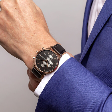 Men's Chronograph Watch in Rose Tone Stainless Steel & Black Leather Men's Chronograph Watch in Rose Tone Stainless Steel & Black Leather