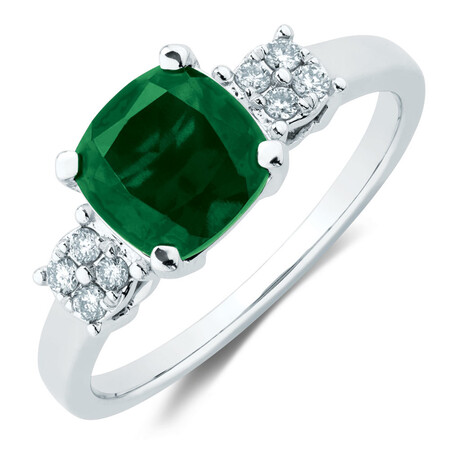 Ring with Diamonds & Created Emerald in 10ct White Gold Ring with Diamonds & Created Emerald in 10ct White Gold