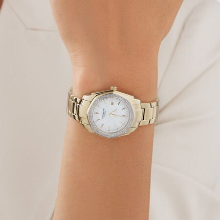 Ladies Mother of Pearl Watch with 0.25 Carat TW of Diamonds in Gold Tone Stainless Steel Ladies Mother of Pearl Watch with 0.25 Carat TW of Diamonds in Gold Tone Stainless Steel